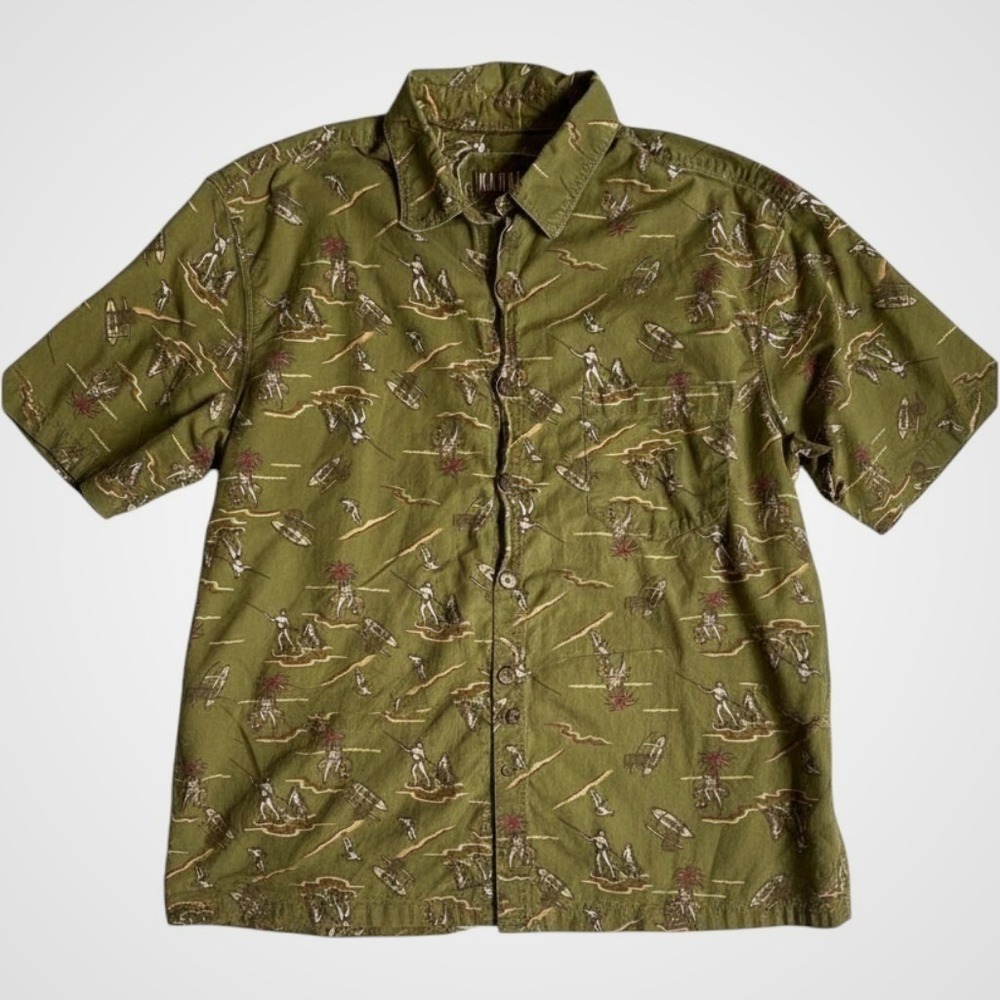 Kahala Button Down Shirt Mens L Olive Green Organic Cotton Hawaiian Surfer Print